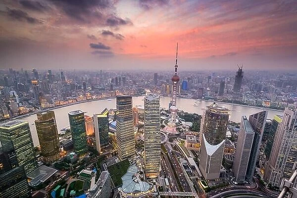 Shanghai, China cityscape overlooking the Financial District and Huangpu River