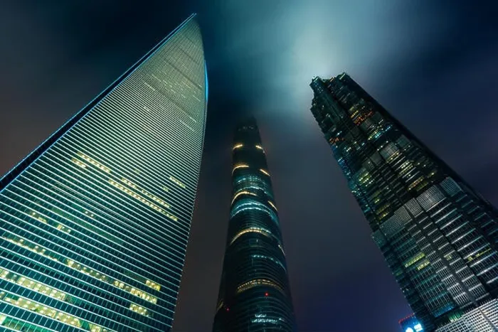 Framed Print : Shanghai Pudong skyscraper building at night in Shanghai, China