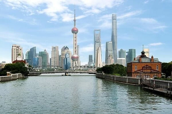 Shanghai skyline with historical Waibaidu bridge, in Shanghai China. Shanghai luajiazui finance and business district