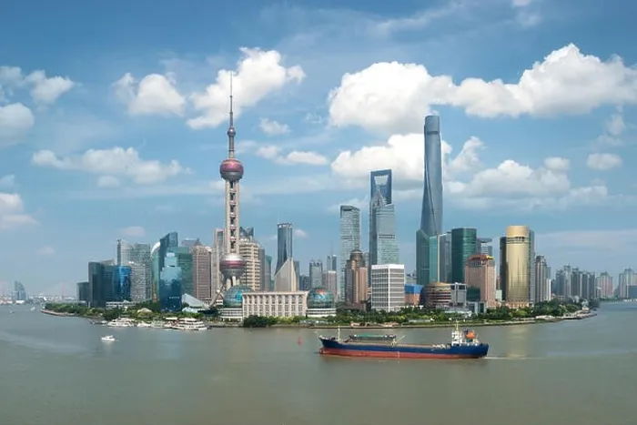 Framed Print : Shanghai skyline panoramic view along Huangpu river at Shanghai Lujiazui Pudong central business center in Shanghai, China