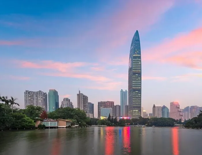 Framed Print : Shenzhen, China city park and skyline and at twilight Framed Print : Shenzhen, China city park and skyline and at twilight