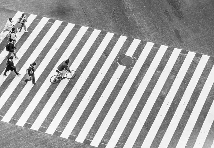 Framed Print : Shibuya Crossing, crossroad, people and cyclists cross zebra crossing, black and white, Shibuya, Udagawacho, Tokyo, Japan