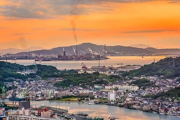 Shimonoseki, Yamaguchi, Japan skyline over the straits with industrial areas