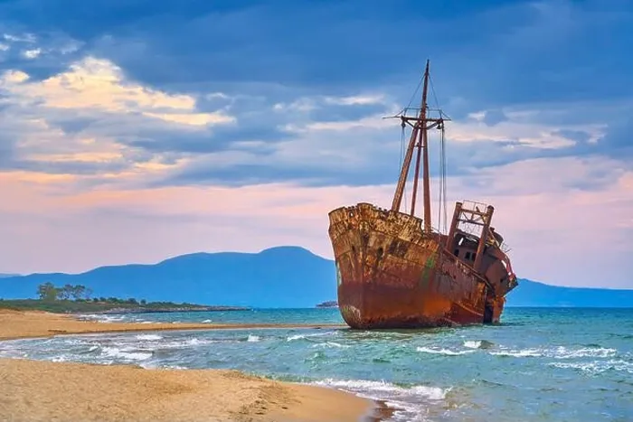 Framed Print : Shipwreck in Glyfada Beach near Gytheio, Peloponnese, Greece Framed Print : Shipwreck in Glyfada Beach near Gytheio, Peloponnese, Greece