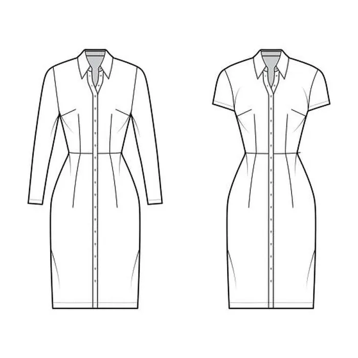 Framed Print : Shirt dress technical fashion illustration with classic collar Framed Print : Shirt dress technical fashion illustration with classic collar