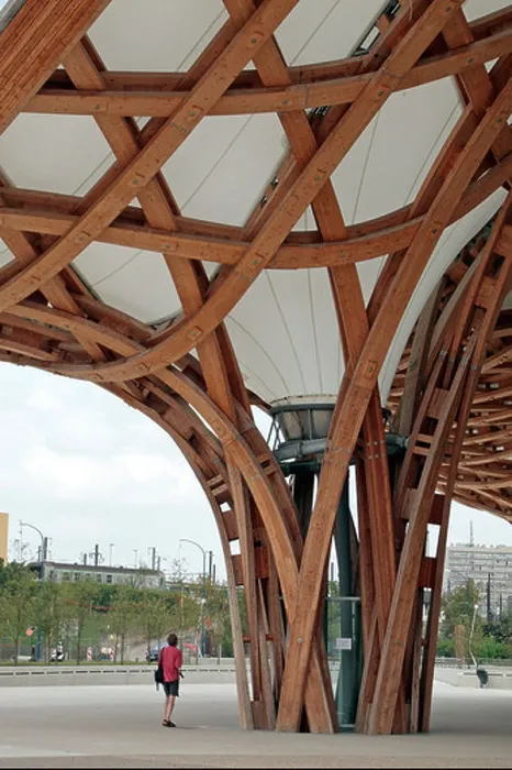 Framed Print : Detail showing the laminated timber column and roof design of the Centre Pompidou Metz, Lorraine, France Framed Print : Detail showing the laminated timber column and roof design of the Centre Pompidou Metz, Lorraine, France