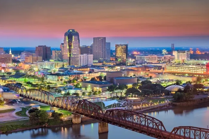 Framed Print : Shreveport, Louisiana, USA skyline over the Red River at dusk Framed Print : Shreveport, Louisiana, USA skyline over the Red River at dusk