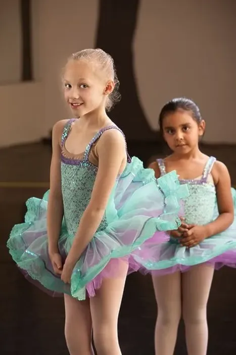 Framed Print : Shy little girls in ballet dresses at a dance studio Framed Print : Shy little girls in ballet dresses at a dance studio