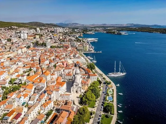 Framed Print : Sibenik, Croatia - July 31, 2024: Aerial view of Sibenik City with St James Cathedral in Croatia Framed Print : Sibenik, Croatia - July 31, 2024: Aerial view of Sibenik City with St James Cathedral in Croatia