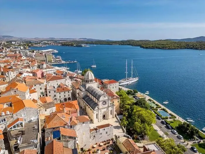 Framed Print : Sibenik, Croatia - July 31, 2024: Aerial view of Sibenik City with St James Cathedral in Croatia