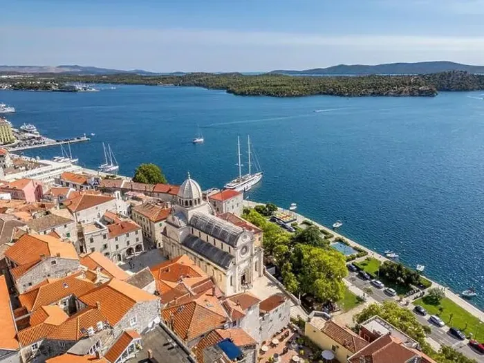 Framed Print : Sibenik, Croatia - July 31, 2024: Aerial view of Sibenik City with St James Cathedral in Croatia Framed Print : Sibenik, Croatia - July 31, 2024: Aerial view of Sibenik City with St James Cathedral in Croatia