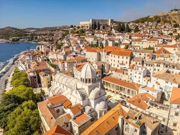 Framed Print : Sibenik, Croatia - July 31, 2024: Aerial view of Sibenik City with St James Cathedral in Croatia Framed Print : Sibenik, Croatia - July 31, 2024: Aerial view of Sibenik City with St James Cathedral in Croatia
