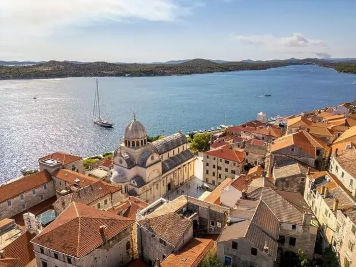 Framed Print : Sibenik, Croatia - July 31, 2024: Aerial view of Sibenik City with St James Cathedral in Croatia Framed Print : Sibenik, Croatia - July 31, 2024: Aerial view of Sibenik City with St James Cathedral in Croatia