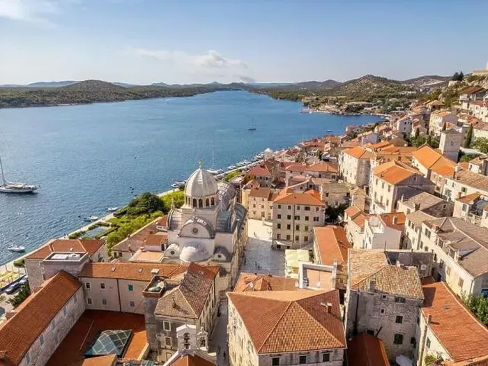 Framed Print : Sibenik, Croatia - July 31, 2024: Aerial view of Sibenik City with St James Cathedral in Croatia Framed Print : Sibenik, Croatia - July 31, 2024: Aerial view of Sibenik City with St James Cathedral in Croatia