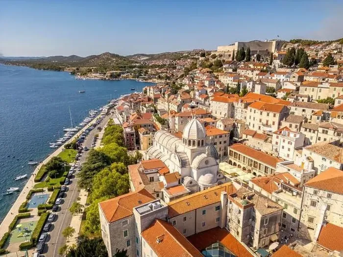Framed Print : Sibenik, Croatia - July 31, 2024: Aerial view of Sibenik City with St James Cathedral in Croatia Framed Print : Sibenik, Croatia - July 31, 2024: Aerial view of Sibenik City with St James Cathedral in Croatia