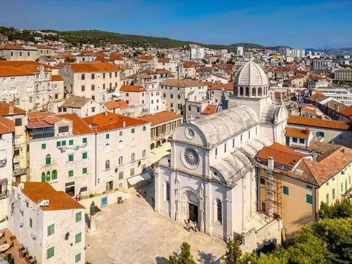 Framed Print : Sibenik, Croatia - July 31, 2024: Aerial view of Sibenik City with St James Cathedral in Croatia
