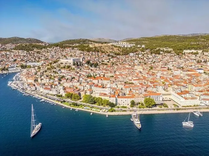 Framed Print : Sibenik, Croatia - July 31, 2024: Aerial view of Sibenik City with St James Cathedral in Croatia Framed Print : Sibenik, Croatia - July 31, 2024: Aerial view of Sibenik City with St James Cathedral in Croatia