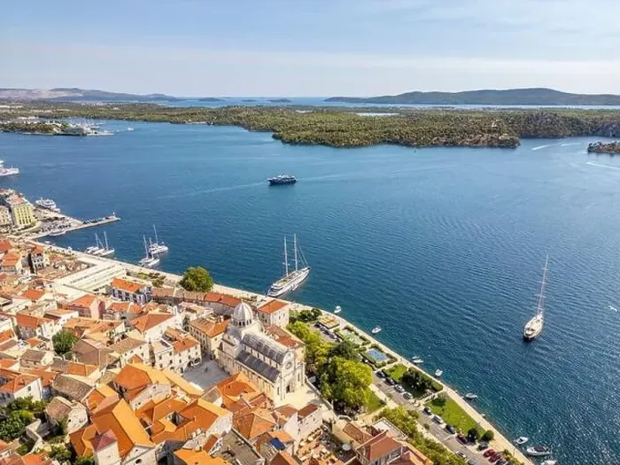 Framed Print : Sibenik, Croatia - July 31, 2024: Aerial view of Sibenik City with St James Cathedral in Croatia Framed Print : Sibenik, Croatia - July 31, 2024: Aerial view of Sibenik City with St James Cathedral in Croatia