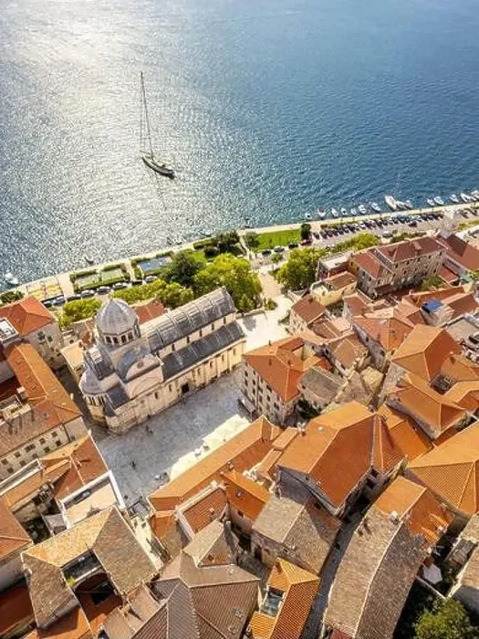 Framed Print : Sibenik, Croatia - July 31, 2024: Aerial view of Sibenik City with St James Cathedral in Croatia