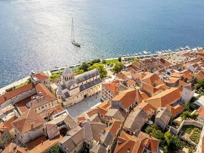 Framed Print : Sibenik, Croatia - July 31, 2024: Aerial view of Sibenik City with St James Cathedral in Croatia Framed Print : Sibenik, Croatia - July 31, 2024: Aerial view of Sibenik City with St James Cathedral in Croatia