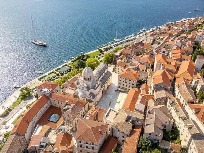 Framed Print : Sibenik, Croatia - July 31, 2024: Aerial view of Sibenik City with St James Cathedral in Croatia Framed Print : Sibenik, Croatia - July 31, 2024: Aerial view of Sibenik City with St James Cathedral in Croatia
