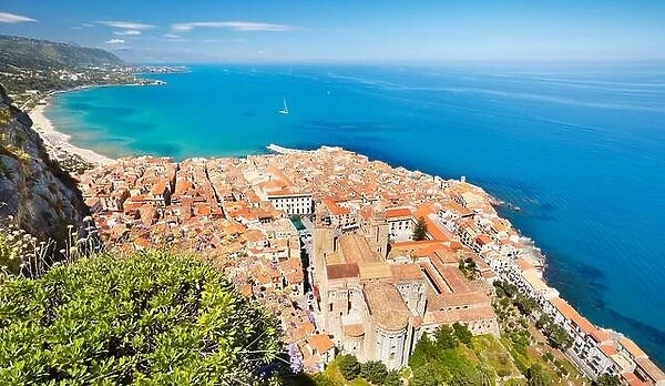 Sicily Island - aerial view at Cefalu from La Rocca hill, Sicily, Italy
