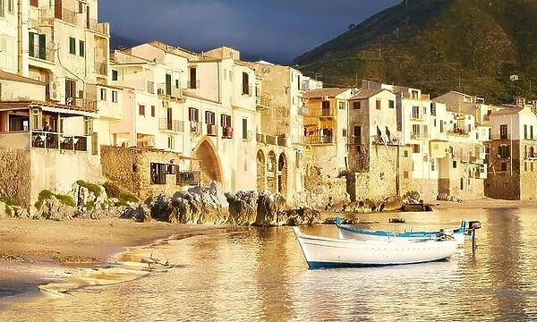 Sicily Island - Medieval houses on the seashore, Cefalu, Sicily, Italy