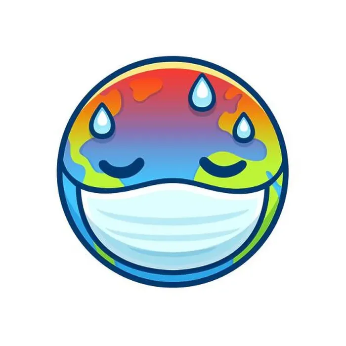 Framed Print : Sick Earth in face mask having fever with drops of sweat Framed Print : Sick Earth in face mask having fever with drops of sweat
