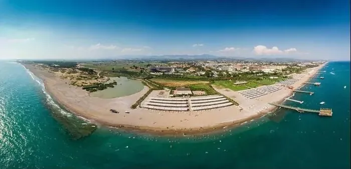 Framed Print : SIDE, TURKEY - JUNE 29: View of Sunmelia Beach Resort from the Sea in Side, Turkey at June 29, 2019