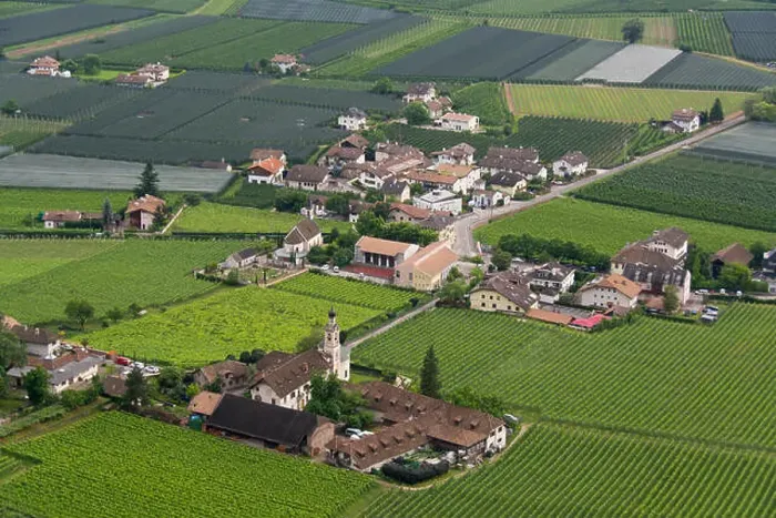 Framed Print : Siebeneich, Italy, Vineyards and orchards in the agrIcultural area near Bolzano