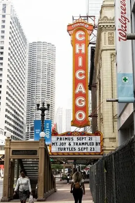Framed Print : The sign and marquee outside the Chicago Theatre on North State Street in Chicago, Illinois, USA, in the summer of 2021 Framed Print : The sign and marquee outside the Chicago Theatre on North State Street in Chicago, Illinois, USA, in the summer of 2021