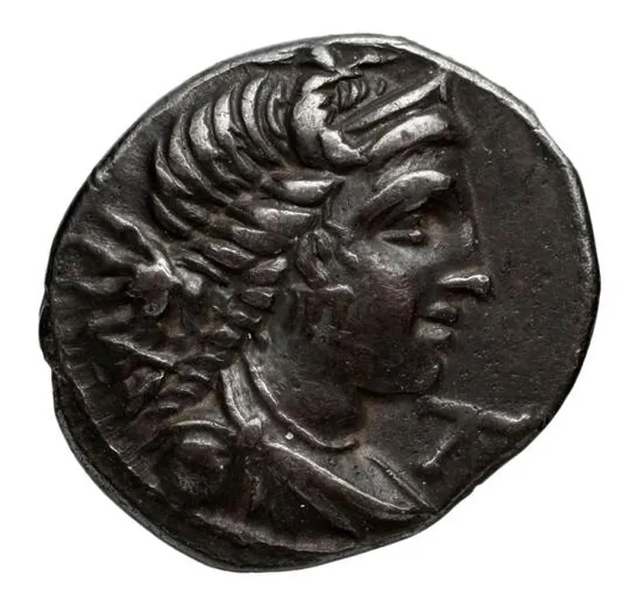 Framed Print : A silver drachma coin from Massalia, Gaul, created by an ancient mint, dated to around 90