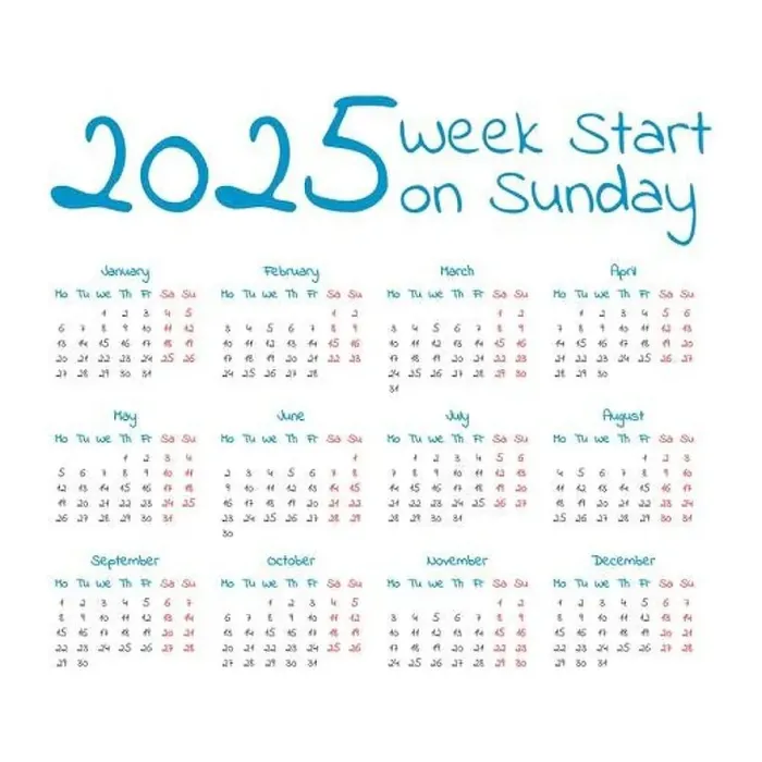 Framed Print : Simple 2025 year calendar, week starts on sunday Framed Print : Simple 2025 year calendar, week starts on sunday