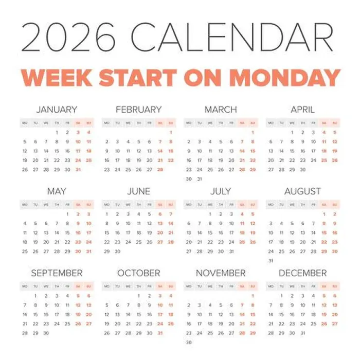 Framed Print : Simple 2026 year calendar, week starts on Monday Framed Print : Simple 2026 year calendar, week starts on Monday