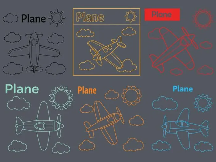 Framed Print : Simple outline vector illustrations of airplanes for kids or travel themes Framed Print : Simple outline vector illustrations of airplanes for kids or travel themes
