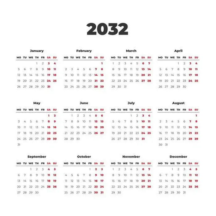 Framed Print : Simple vector calendar on 2032. Start from Monday Framed Print : Simple vector calendar on 2032. Start from Monday