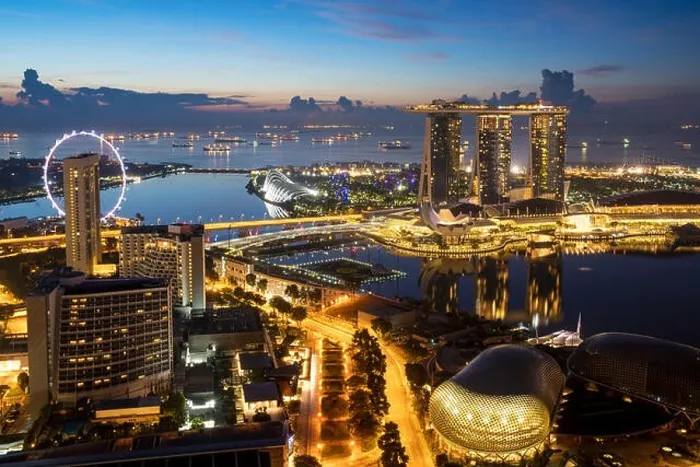 Framed Print : Singapore Marina Bay rooftop view with urban skyscrapers at night in Singapore