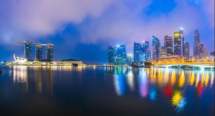 Framed Print : Singapore skyline at the Marina during twilight Framed Print : Singapore skyline at the Marina during twilight