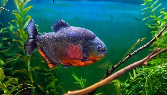 Framed Print : A single red-bellied piranha swims through a tank filled with green aquatic plants Framed Print : A single red-bellied piranha swims through a tank filled with green aquatic plants