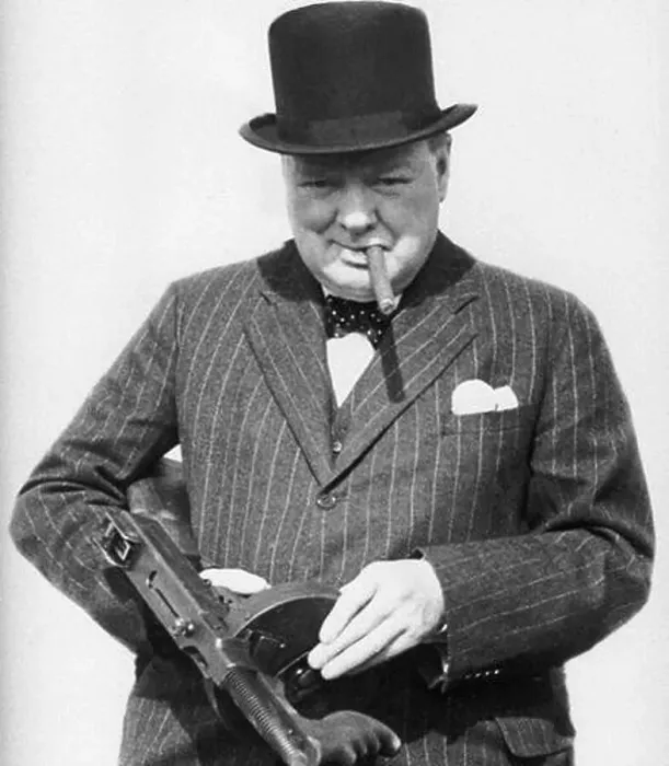 Framed Print : Sir Winston Churchill wartime image with a Tommy gun Framed Print : Sir Winston Churchill wartime image with a Tommy gun
