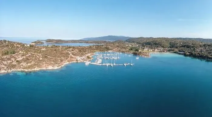 Framed Print : Sithonia Chalkidiki, Greece. Ormos Panagias bay and boat marina aerial drone view, clear blue sky, sunny summer day Framed Print : Sithonia Chalkidiki, Greece. Ormos Panagias bay and boat marina aerial drone view, clear blue sky, sunny summer day
