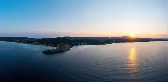 Framed Print : Sithonia Chalkidiki, Greece. Sunrise over calm ocean aerial drone view Framed Print : Sithonia Chalkidiki, Greece. Sunrise over calm ocean aerial drone view