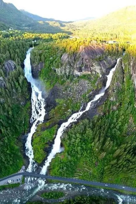 Framed Print : Skare waterfall near road in Norway aerial panorama in Europe Framed Print : Skare waterfall near road in Norway aerial panorama in Europe
