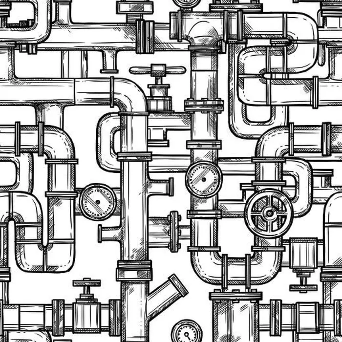 Framed Print : Sketch monochrome seamless pattern with pipes system doodle vector illustration
