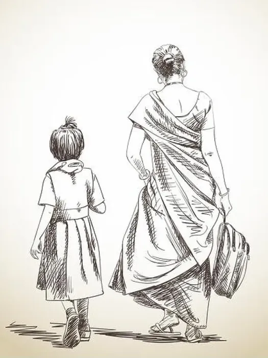 Framed Print : Sketch of walking mother and daughter from school, Hand drawn illustration Framed Print : Sketch of walking mother and daughter from school, Hand drawn illustration