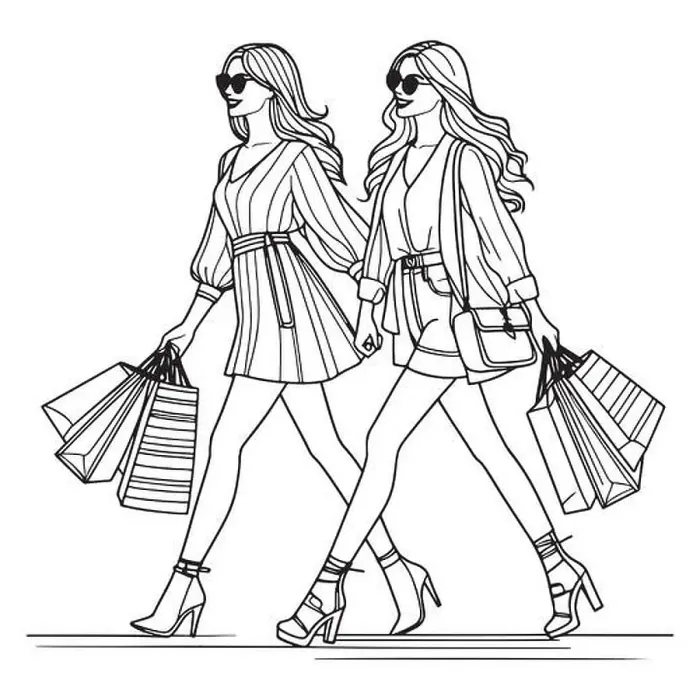 Framed Print : Sketchy line art of two fashionable girls walking with shopping bags Framed Print : Sketchy line art of two fashionable girls walking with shopping bags