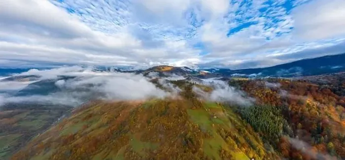 Framed Print : Sky with white and fluffy layer of clouds over green autumn hills, Aerial panoramic drone shot Framed Print : Sky with white and fluffy layer of clouds over green autumn hills, Aerial panoramic drone shot