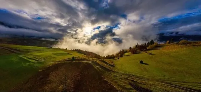 Framed Print : Sky with white and fluffy layer of clouds over green autumn hills, Aerial panoramic drone shot Framed Print : Sky with white and fluffy layer of clouds over green autumn hills, Aerial panoramic drone shot