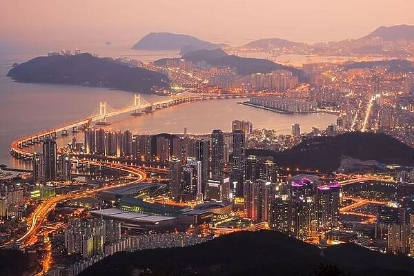 Skyline of Busan, South Korea from above at dusk