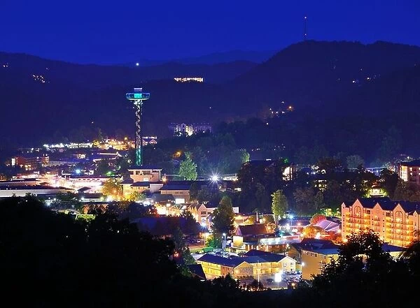 The skyline of downtown Gatlinburg, Tennessee, USA in the Great Smoky Mountains